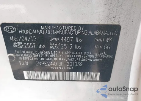 2015 Hyundai Sonata Se from USA, damaged, VIN 5NPE24AF3FH201039